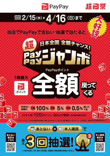 日本全国全額チャンス！超ペイペイジャンボ PayPayポイント 1等最大全額戻って戻ってくる！