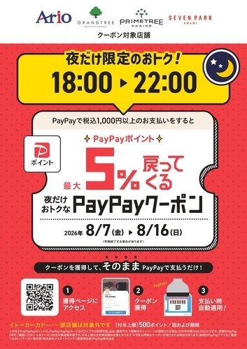 アリオ、グランツリー武蔵小杉、プライムツリー赤池、セブンパーク天美で｢夜だけ限定｣5%戻ってくるお得なクーポン