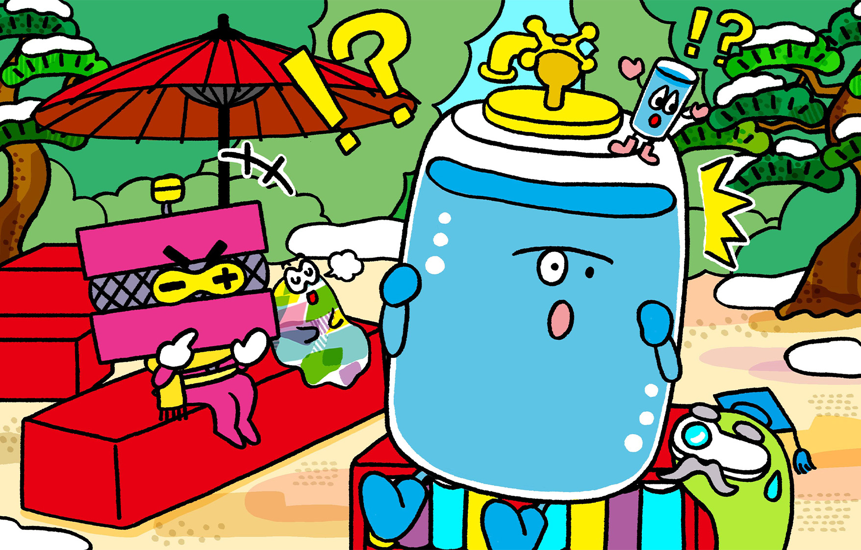 タンピーとコッピーが縁台とまちがえてかめ爺の背中の上に座ってしまい、困り顔のかめ爺。